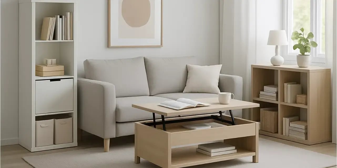 Imagen de una sala moderna y ordenada con muebles multifuncionales