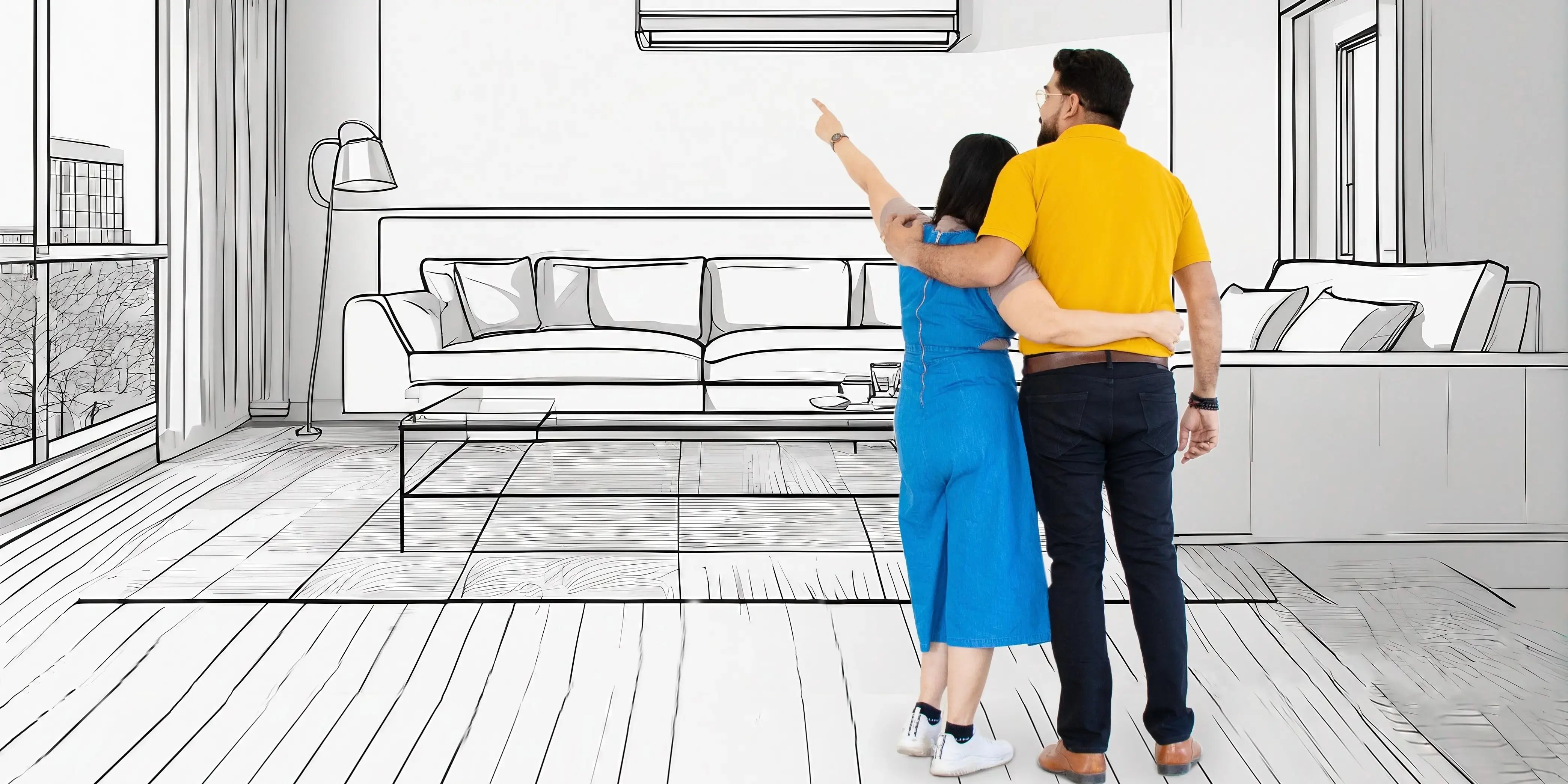 Joven pareja imaginando el interior de la casa que compraron en preventa