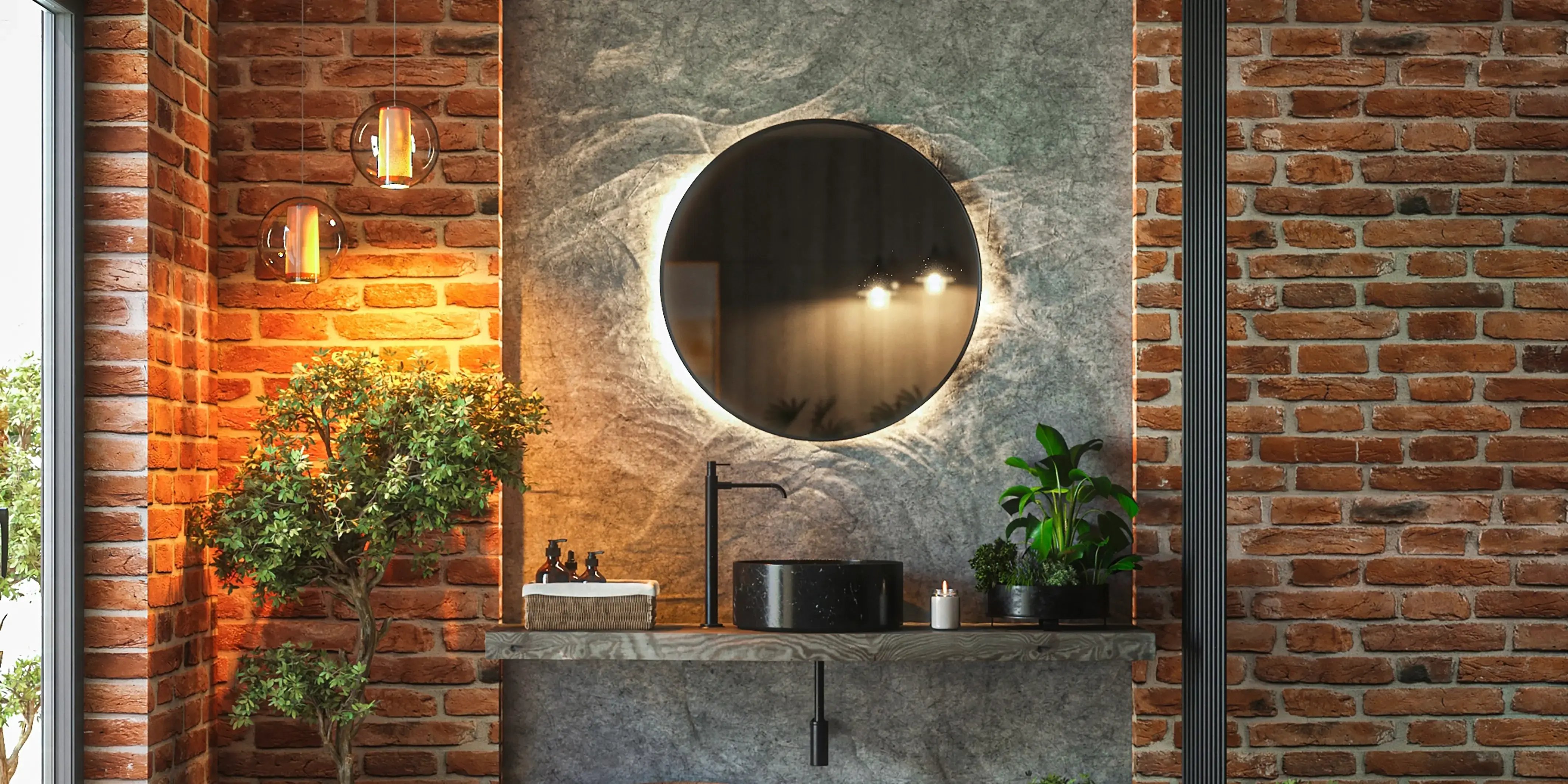 Lavabo con ladrillos a los lados de una casa estilo industrial de arquitectura actual