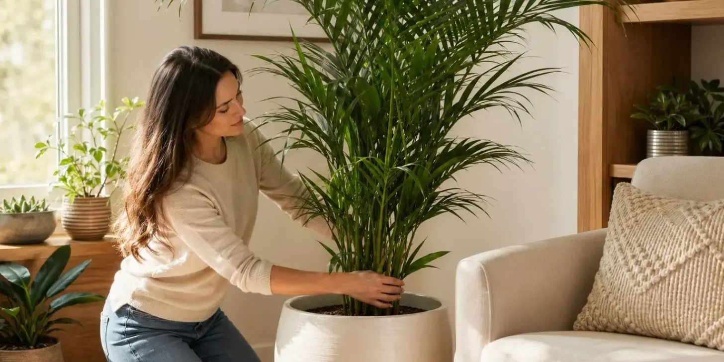 Mujer acomodando una palma areca en una maceta dentro de casa, ubicada en la esquina junto a un sillón