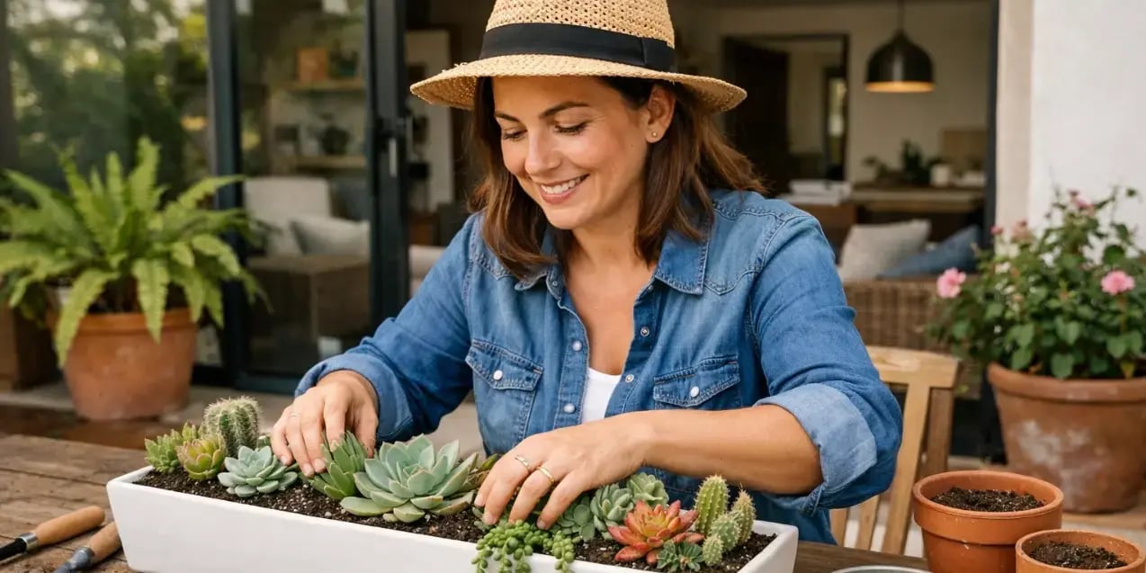 Mujer en la terraza de su casa plantando en una meceta larga plantas suculentas