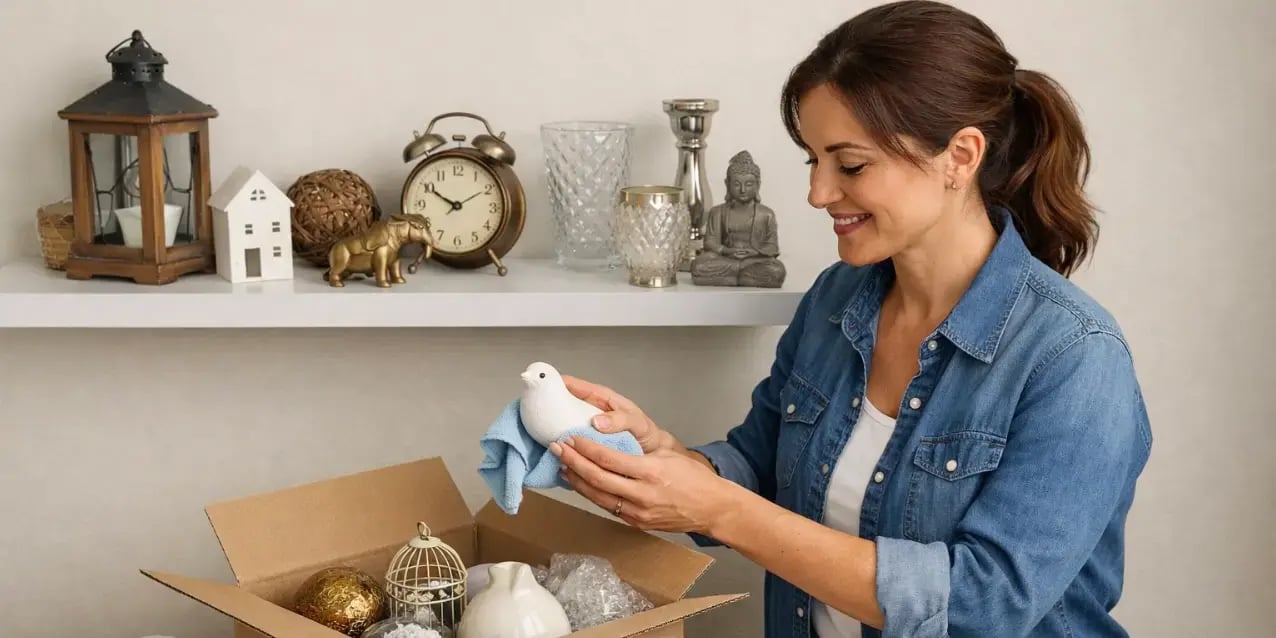 Mujer haciendo limpieza de unos adornos que no usa de una repisa y guardándolos en una caja