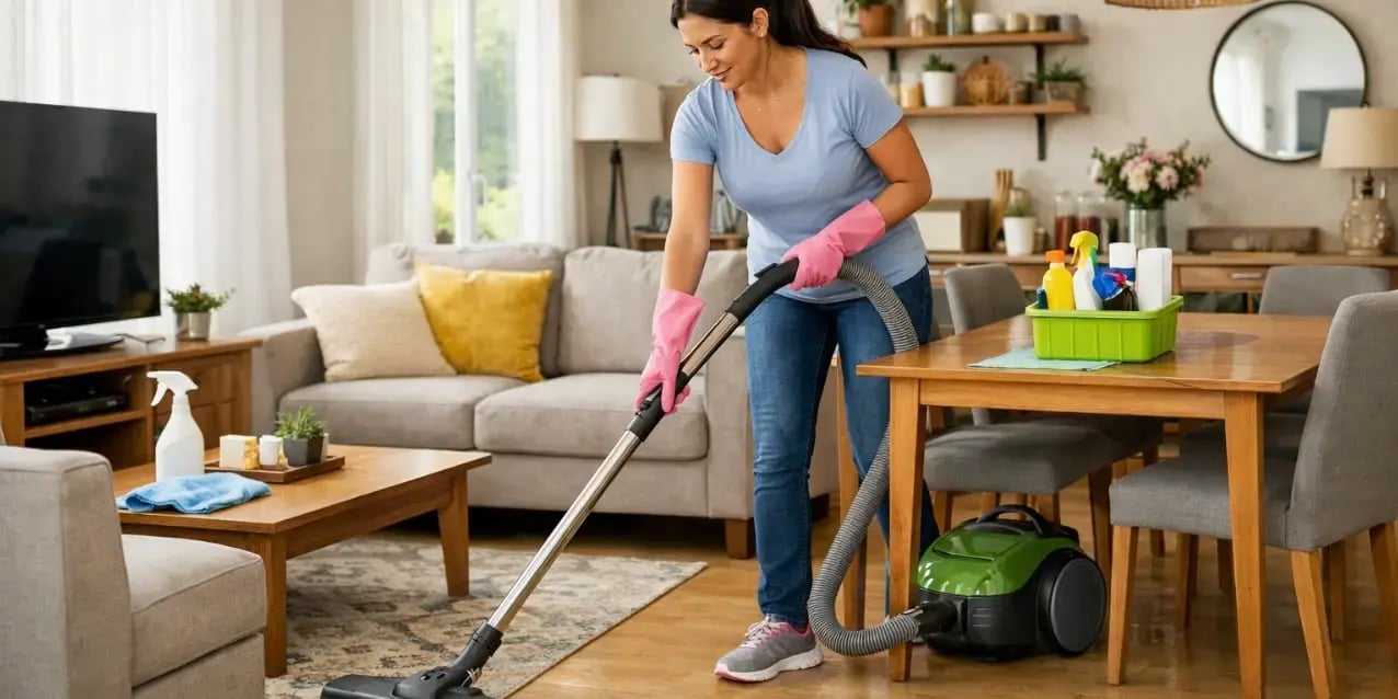 Mujer limpiando la sala comedor de su casa