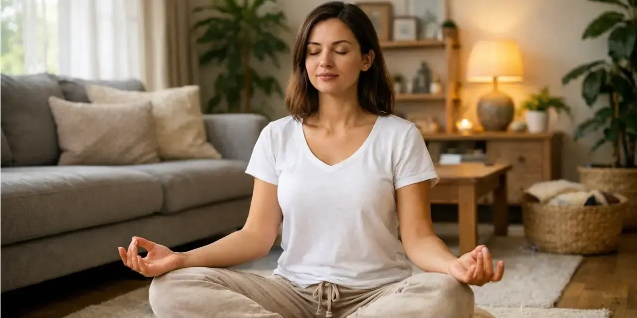 Mujer meditando en la sala de su casa