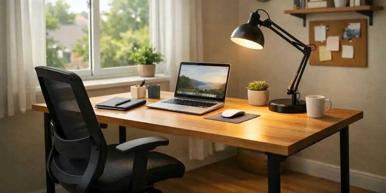 Oficina en casa con escritorio cerca de una ventana para aprovechar la luz natural y una lampara de escritorio