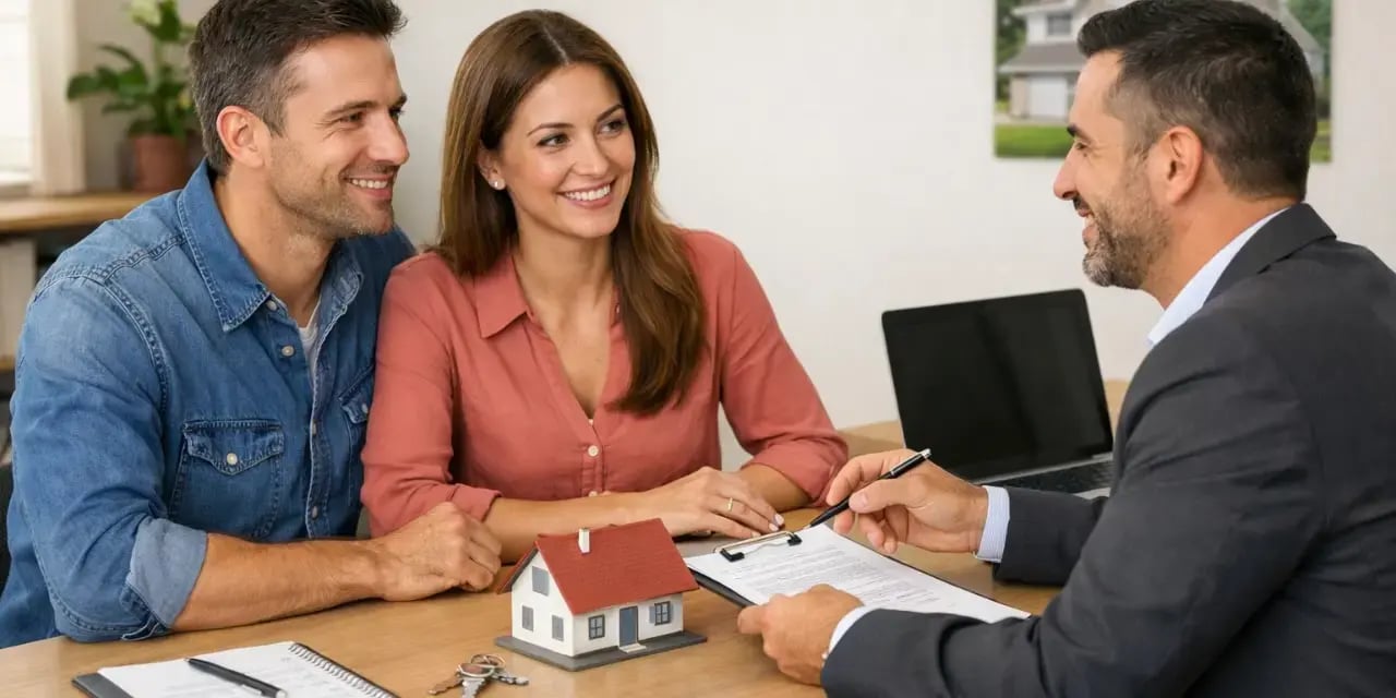 Pareja con asesor hipotecario que va a comprar su casa de contado