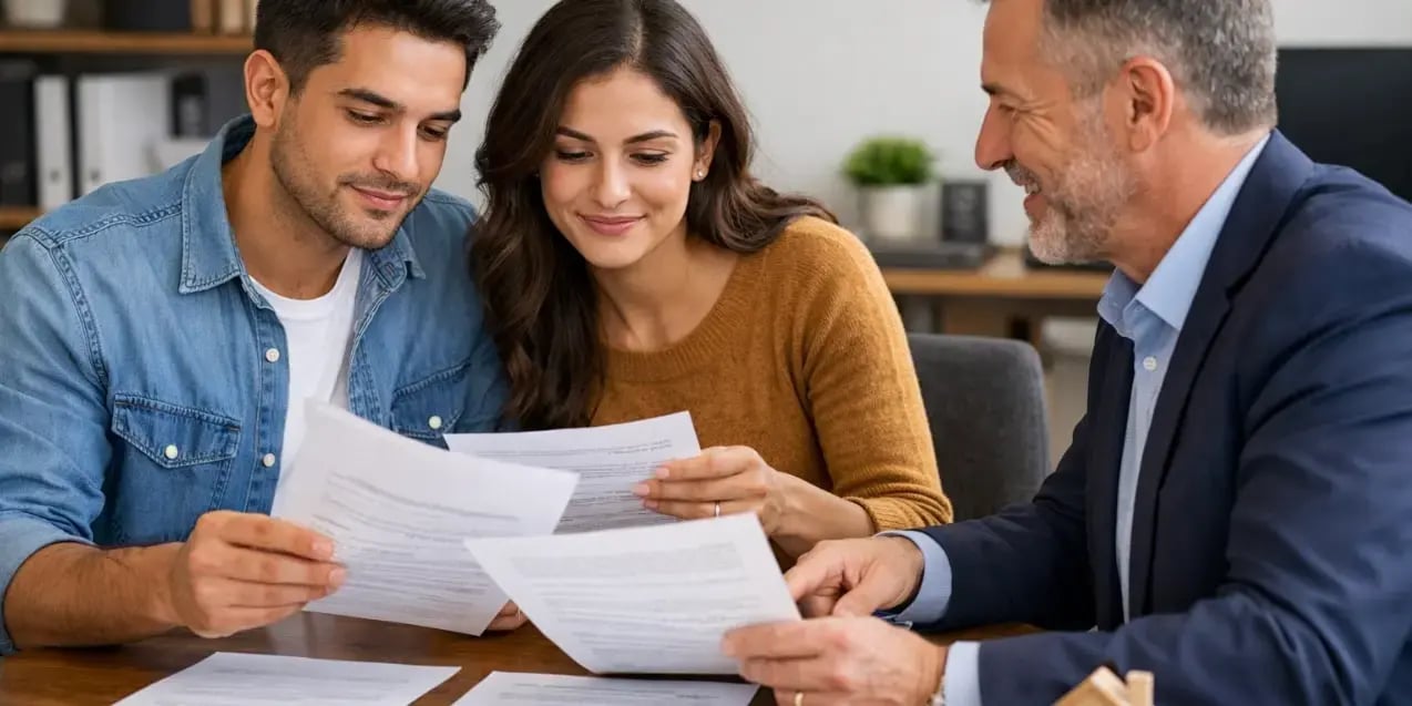 Pareja con un experto hipotecario revisando 3 hojas de documentos con creditos hipotecarios para comprar su casa