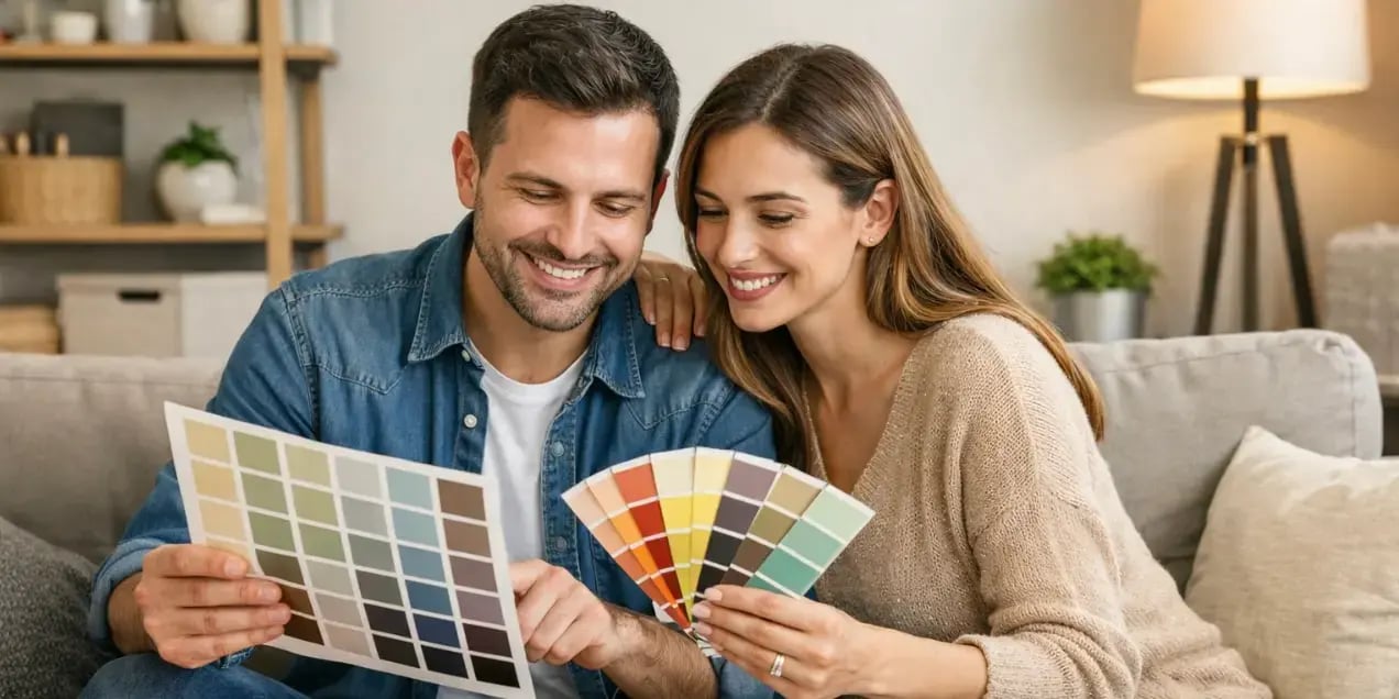 Pareja en la sala viendo los tipos de colores que hay para pintar su casa