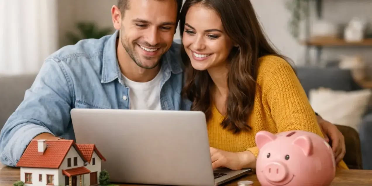 Pareja en una computadora haciendo el pago de su hipoteca en una laptop