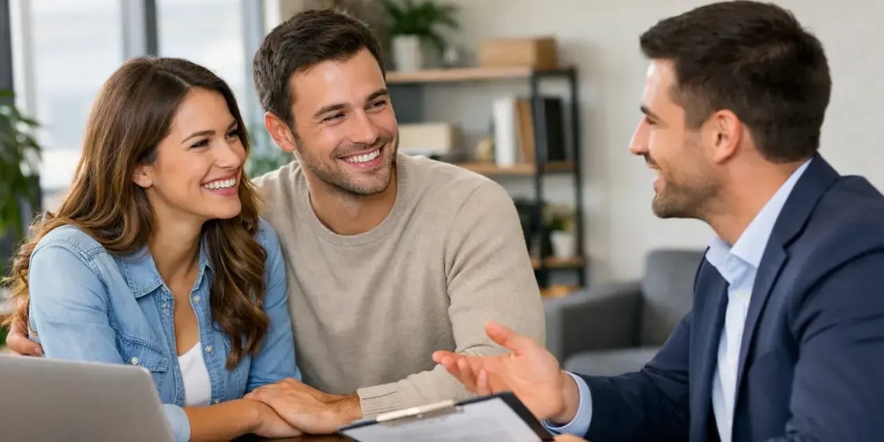 Pareja feliz hablando sobre un credito hipotecario con un asesor inmobiliario