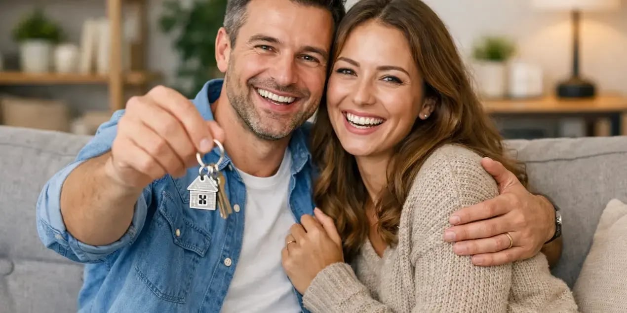 Pareja feliz sentada en el sillon de la sala de su casa sosteniendo las llaves de la casa