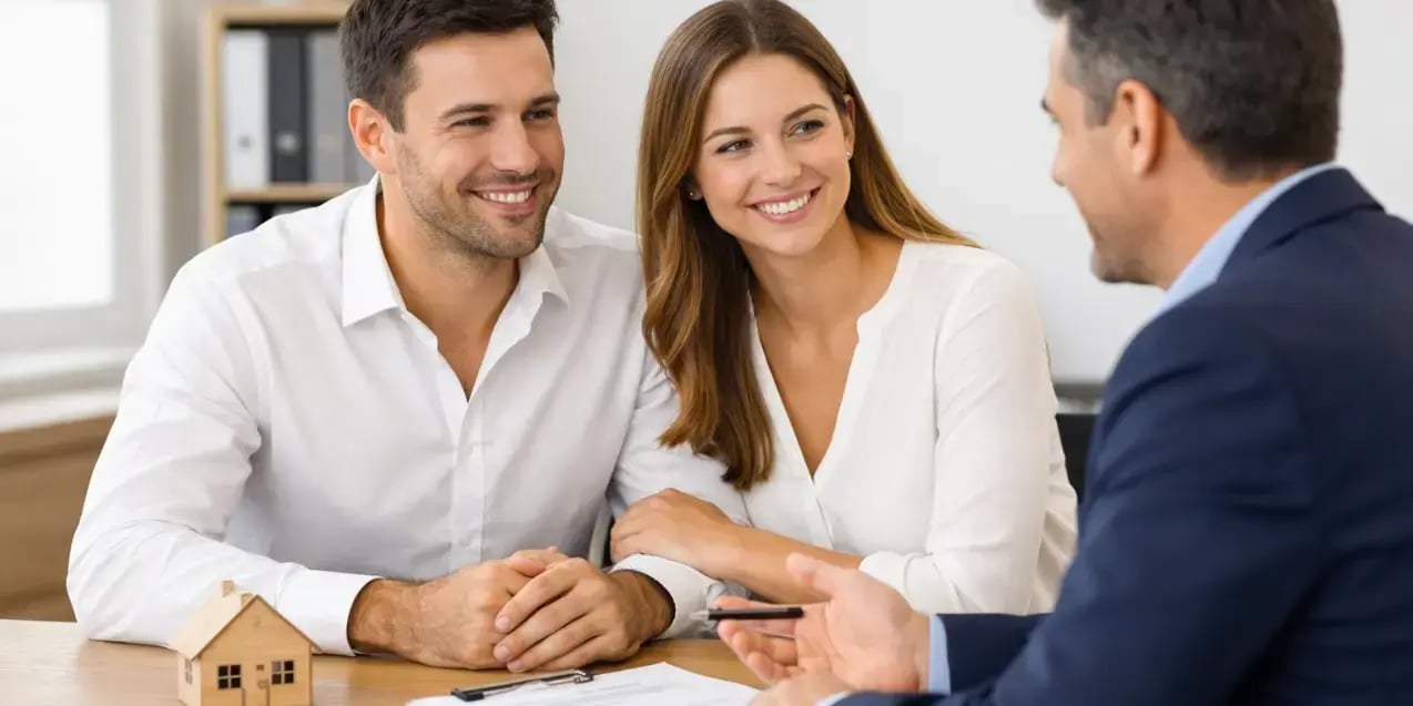 Pareja hablanco con un asesor hipotecario para conocer las opciones de comprar casa sin Infonavit