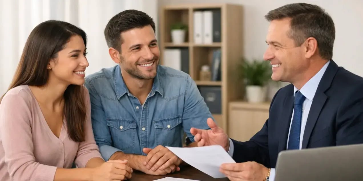 Pareja hablando con un asesor hipotecario para unir créditos y comprar su casa