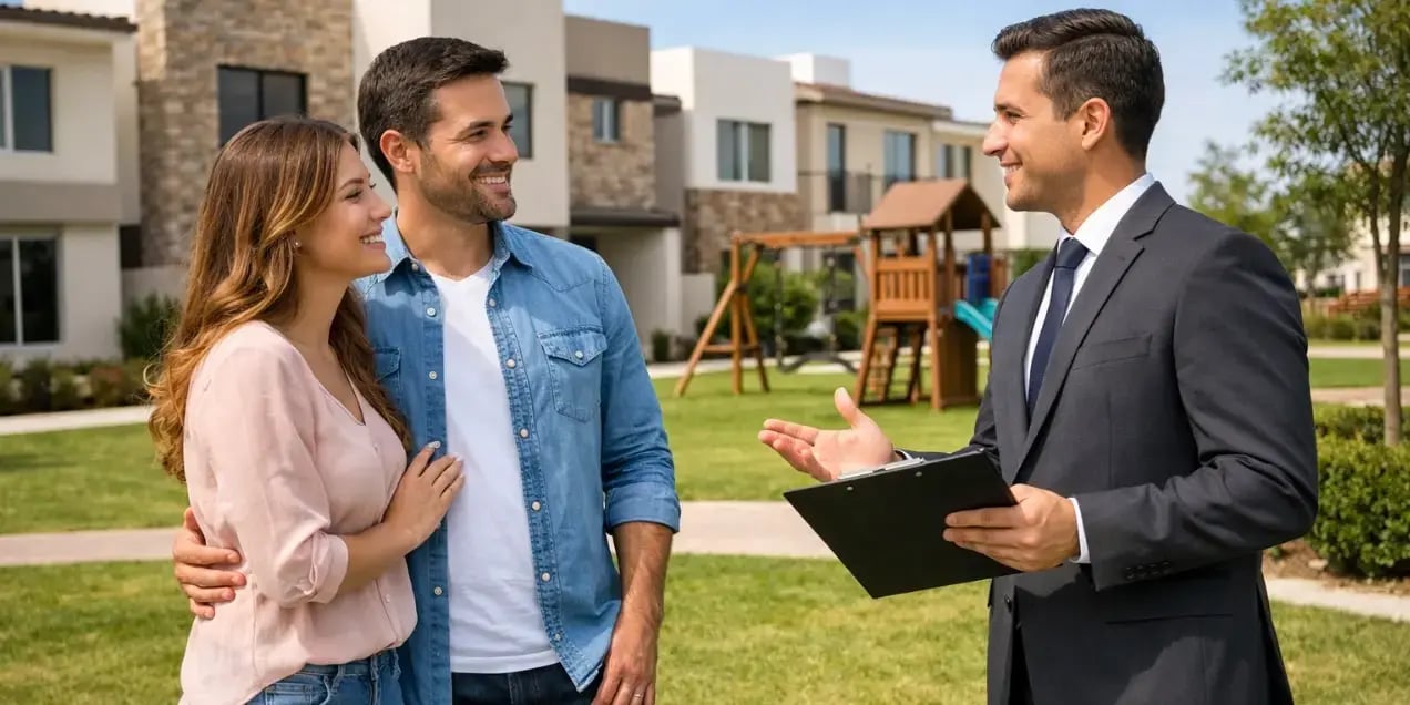 Pareja hablando con un asesor inmobiliario estan parados en las areas verdes de un desarrollo de casas