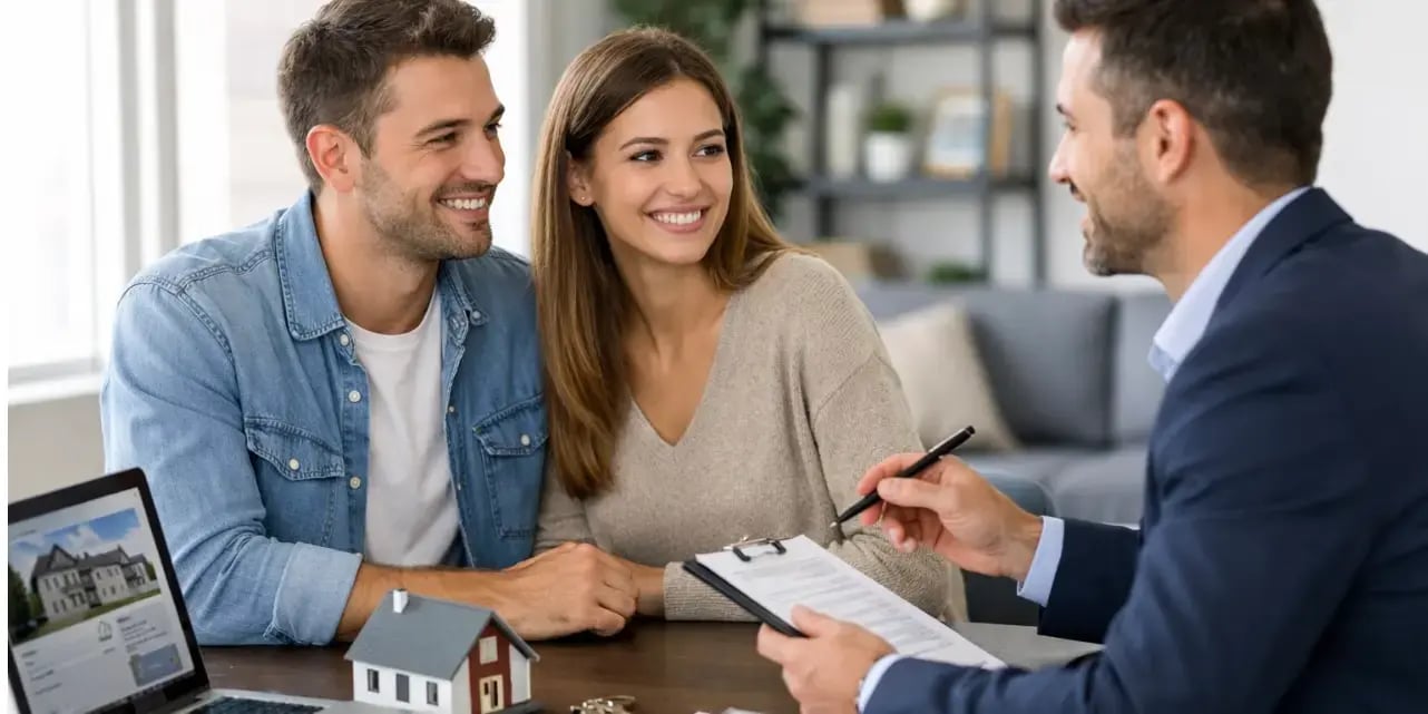 Pareja hablando con un asesor inmobiliario para conocer los diferentes tipos de creditos