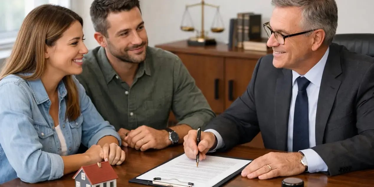 Pareja hablando con un notario para firmar las escrituras de la compra de una casa
