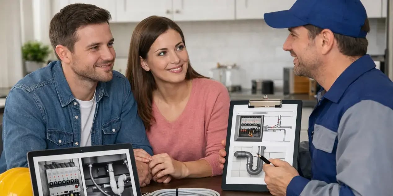 Pareja hablando con una empresa especializada en revisar la instalación eléctrica y de plomería de la casa