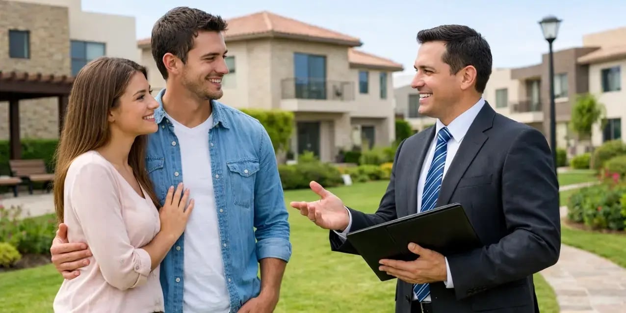 Pareja hablando en las areas verdes de un desarrollo residencial de casas con un asesor hipotecario