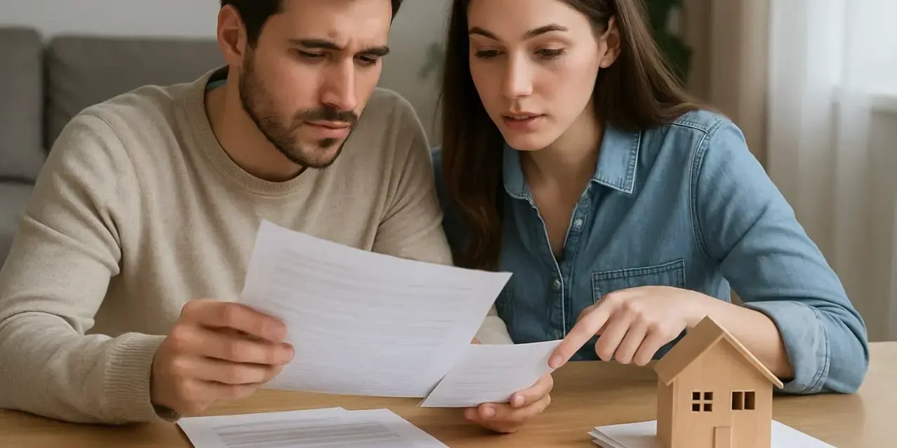 Pareja joven en una mesa revisando documentos se puede ver una casa de madera