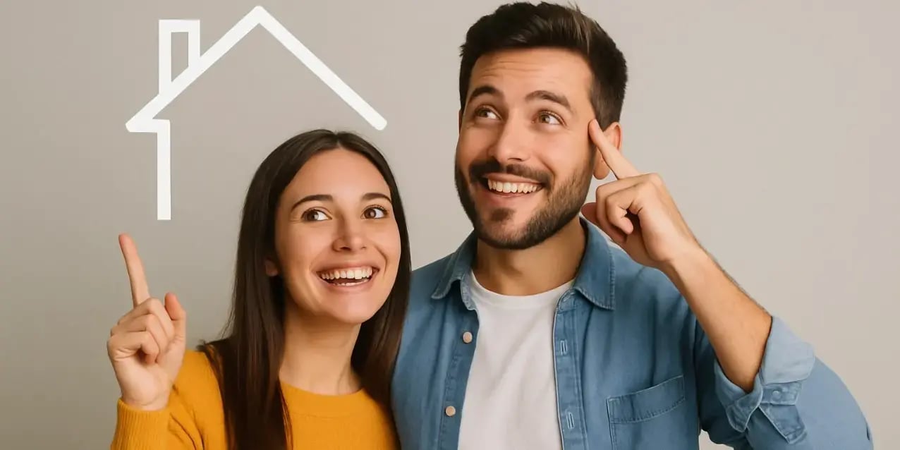 Pareja joven feliz que est pensando en comprar su casa con y solicitar una preaprobación