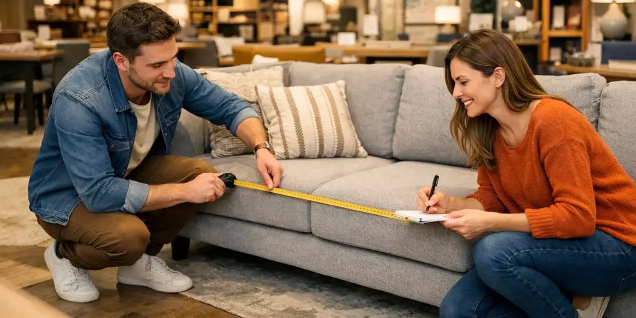 Pareja midiendo unos muebles en una tienda para ver si caben en su casa