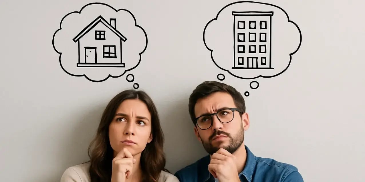 Pareja pensando si debe buscar casa o departamento para vivir