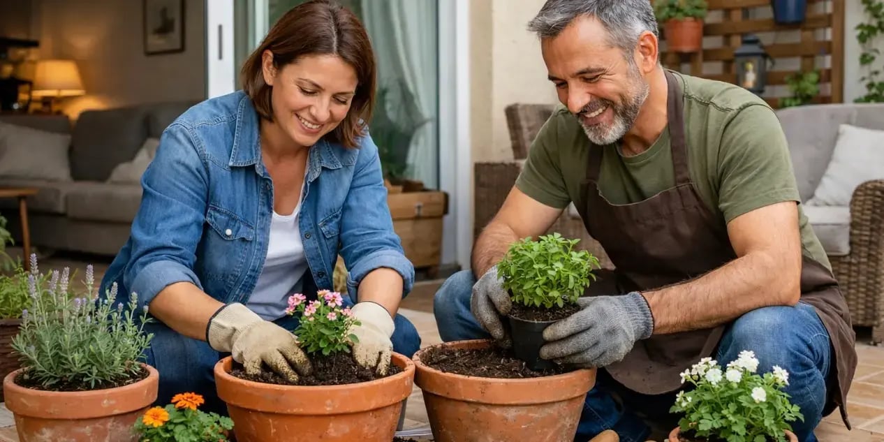 Pareja plantando plantas en macetas en la terraza de su casa