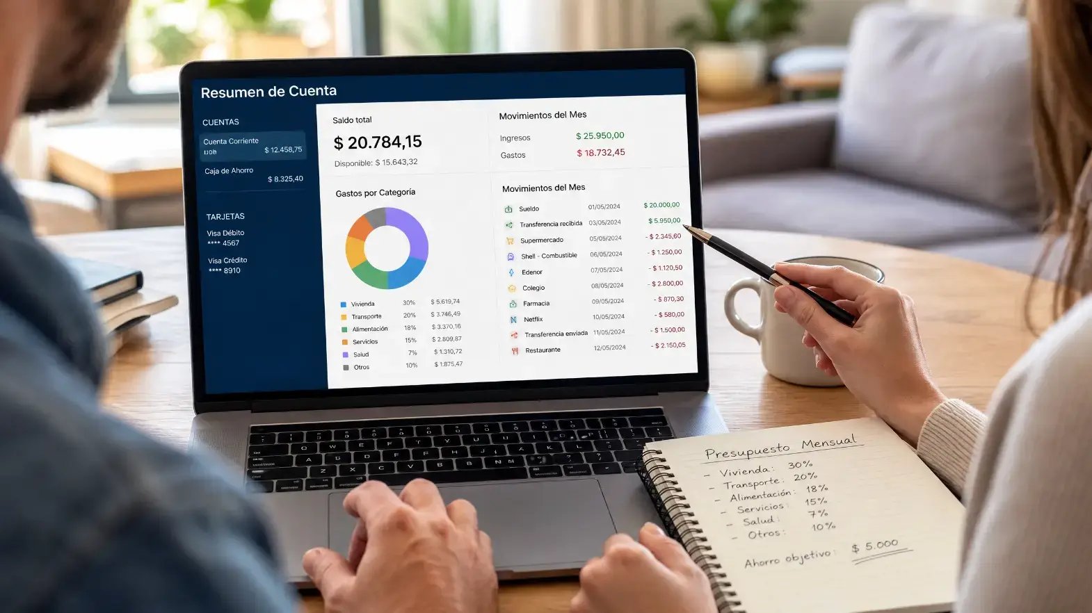 Pareja revisando el estado de cuenta de su tarjeta de crédito en casa, sentados juntos en un espacio cómodo y moderno. Están observando una laptop o tablet con información financiera, mientras tienen algunos documentos y una libret