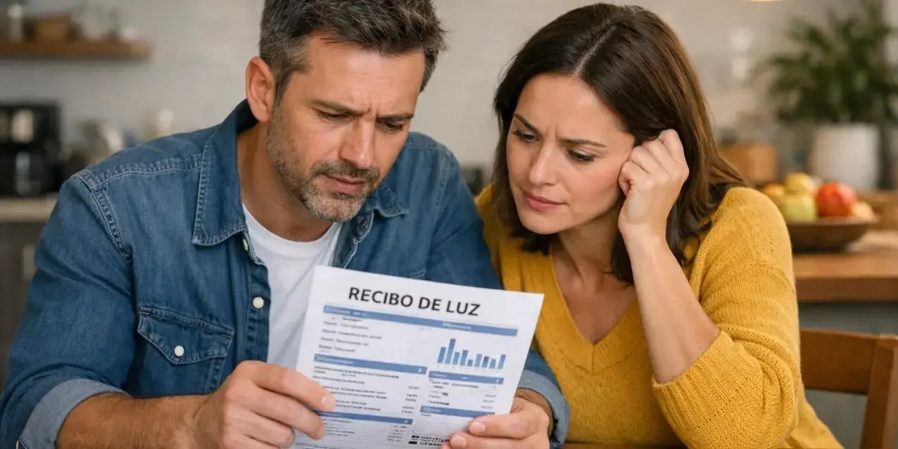 Pareja revisando sobre una mesa su recibo de luz para ahorrar energía