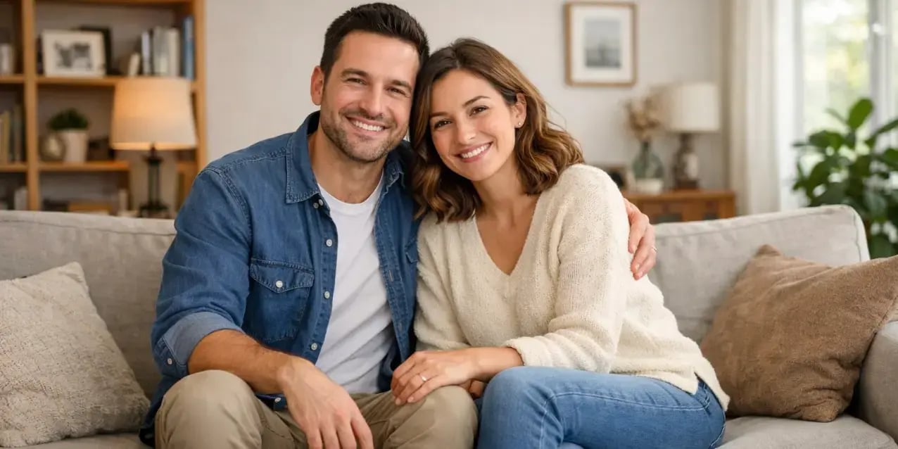 Pareja sentada en la sala de su casa