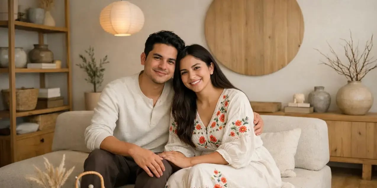Pareja sentada en su sala estilo japandi