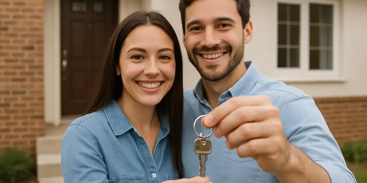 Pareja sosteniendo las llaves de la casa que acaban de comprar