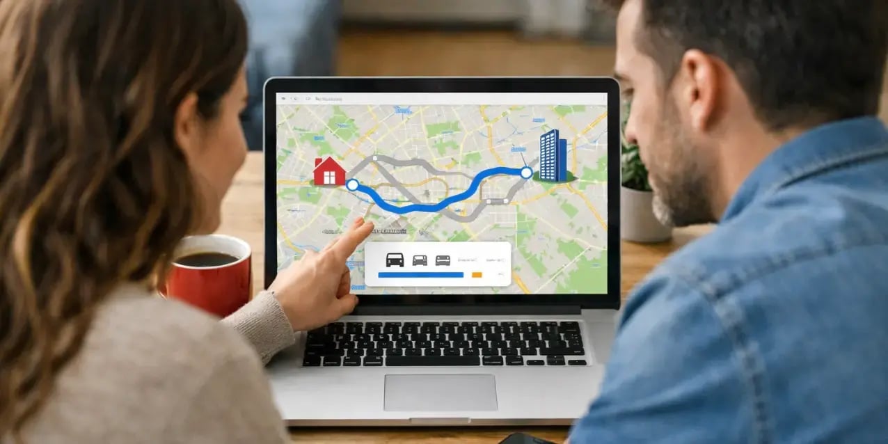 Pareja viendo en google maps el trayecto de la casa al trabajoy cuanto tiempo harían