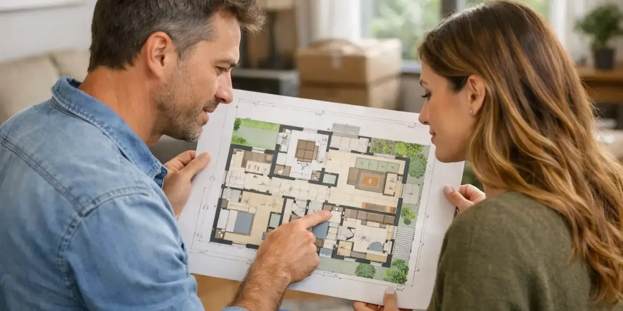 Pareja viendo los planos de una casa para elegir el tamaño ideal