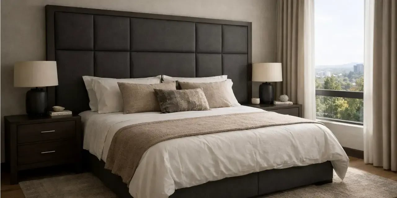 Recamara con cama con cabecera grande y solida y cortinas block out abiertas en la ventana a un lado de la cama y dos buros con las luces de las lamparas apagadas