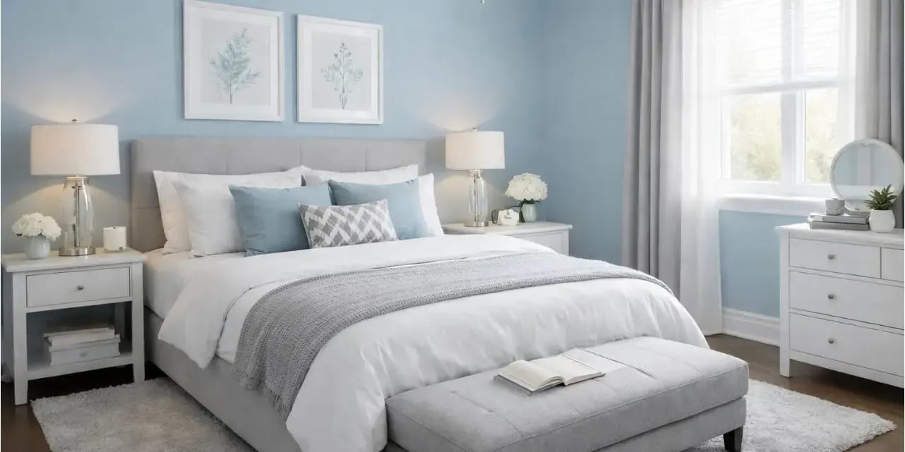 Recamara de una casa con colorez azul claro blanco y gris