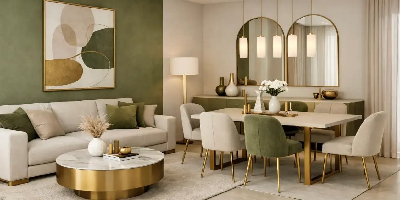 Sala comedor de una casa con colores verde oliva beige y dorado