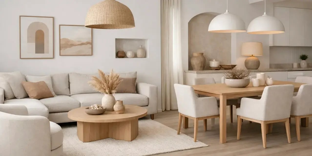 Sala comedor de una casa en colores blancos gris calido beige neutro y tonos tierra suaves