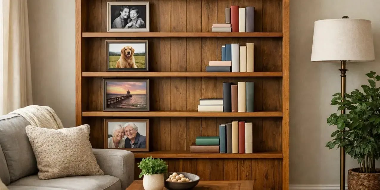 Sala con un librero donde hay libros y fotos