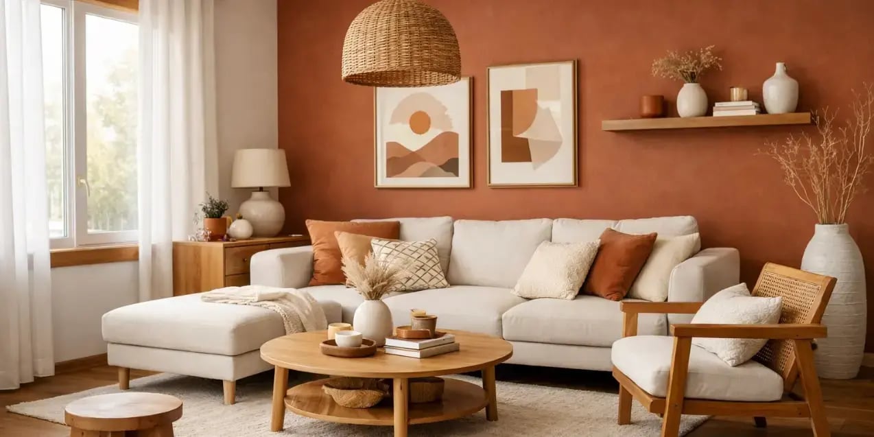 Sala de un departamento en tonos terracota blanco y madera