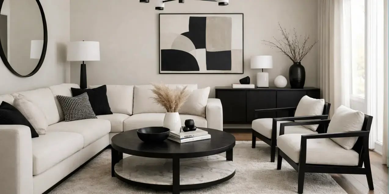 Sala de una casa en colores beige blanco y negro