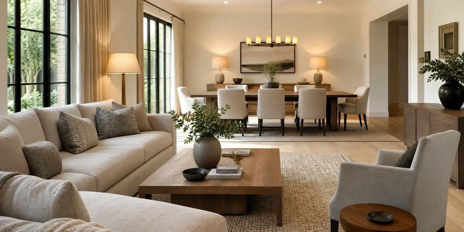 Sala y comedor de una casa con diseño atemporal, elegante y equilibrado. Espacio integrado con muebles de líneas clásicas y modernas, en tonos neutros como beige, blanco, gris y madera natural.