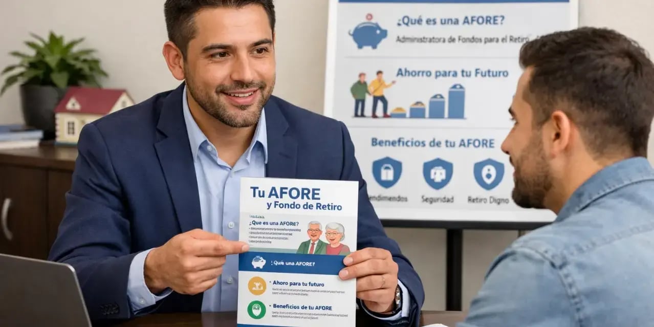 Un asesor hipotecario explicandole a un hombre informacion sobre su afore