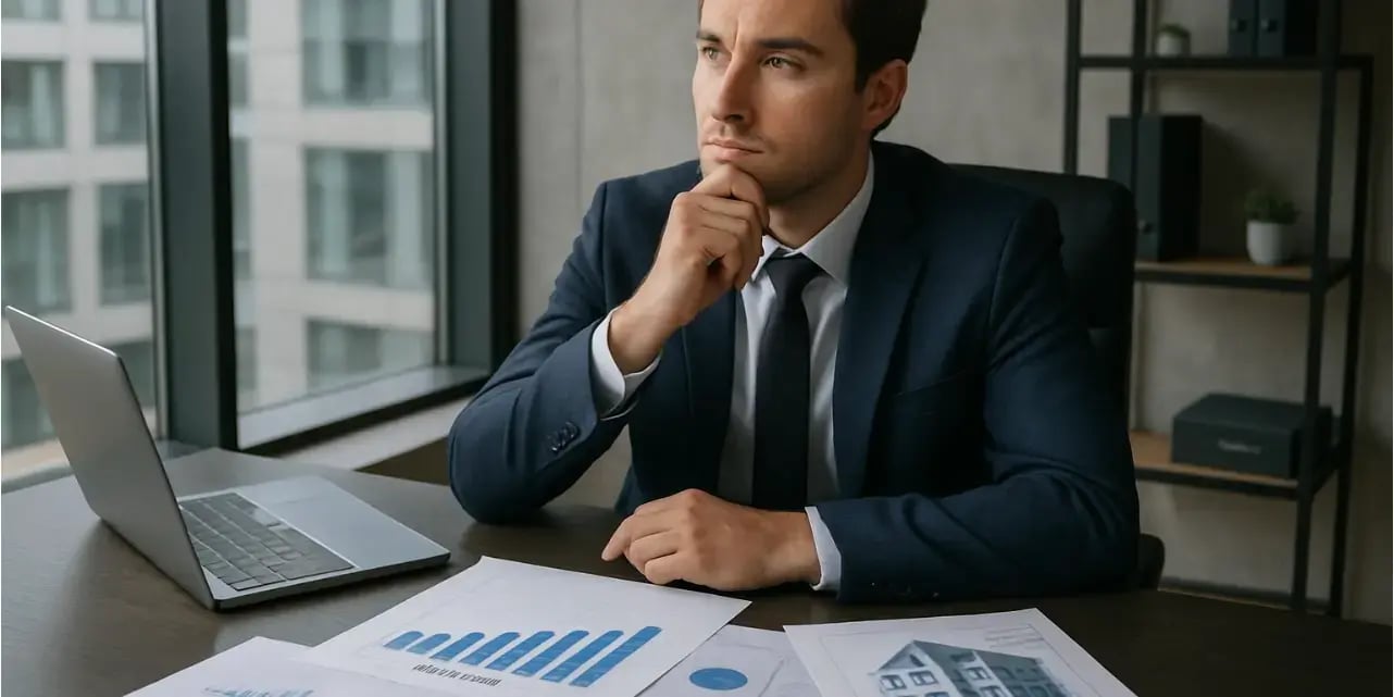Un joven empresario se sienta en una moderna oficina Su expresin es de contemplacin mientras revisa grficos y documentos sobre inversiones en bienes raices