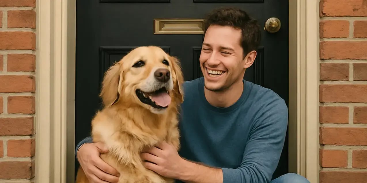 Un perro con su dueno felices sentados en la entrada de la puerta de una casa