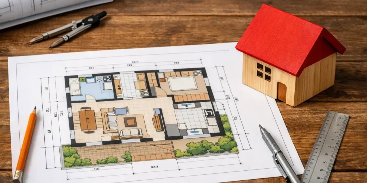 Un plano de una casa sobre una mesa y una casita de madera con techo rojo