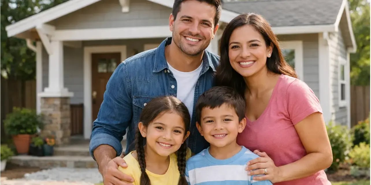 Una familia feliz frente a su nueva casa