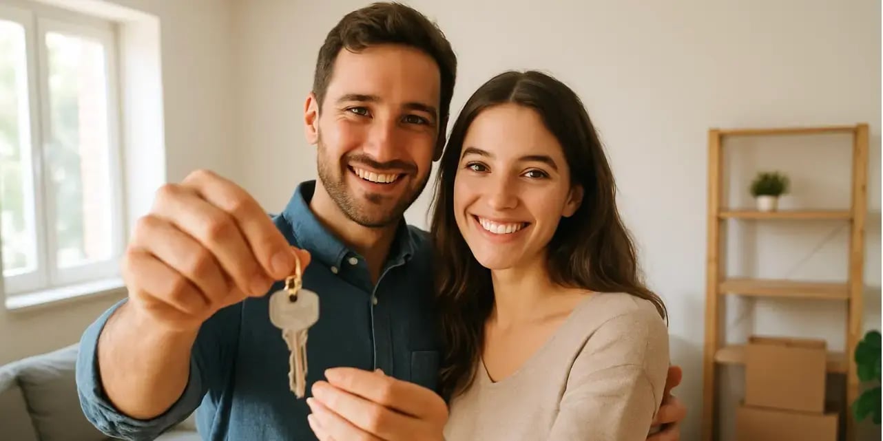 Una pareja en la sala de su nueva casa sosteniendo unas llaves
