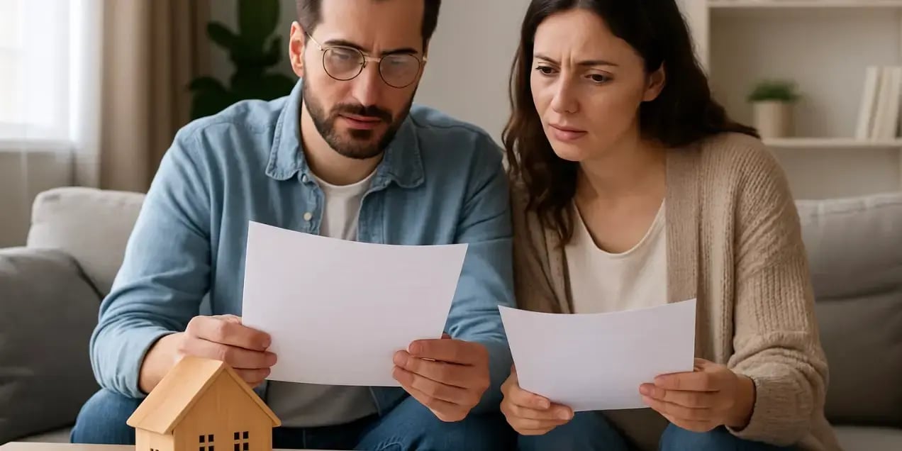 Una pareja revisando documentos en la sala hay una casa de madera en la mesa