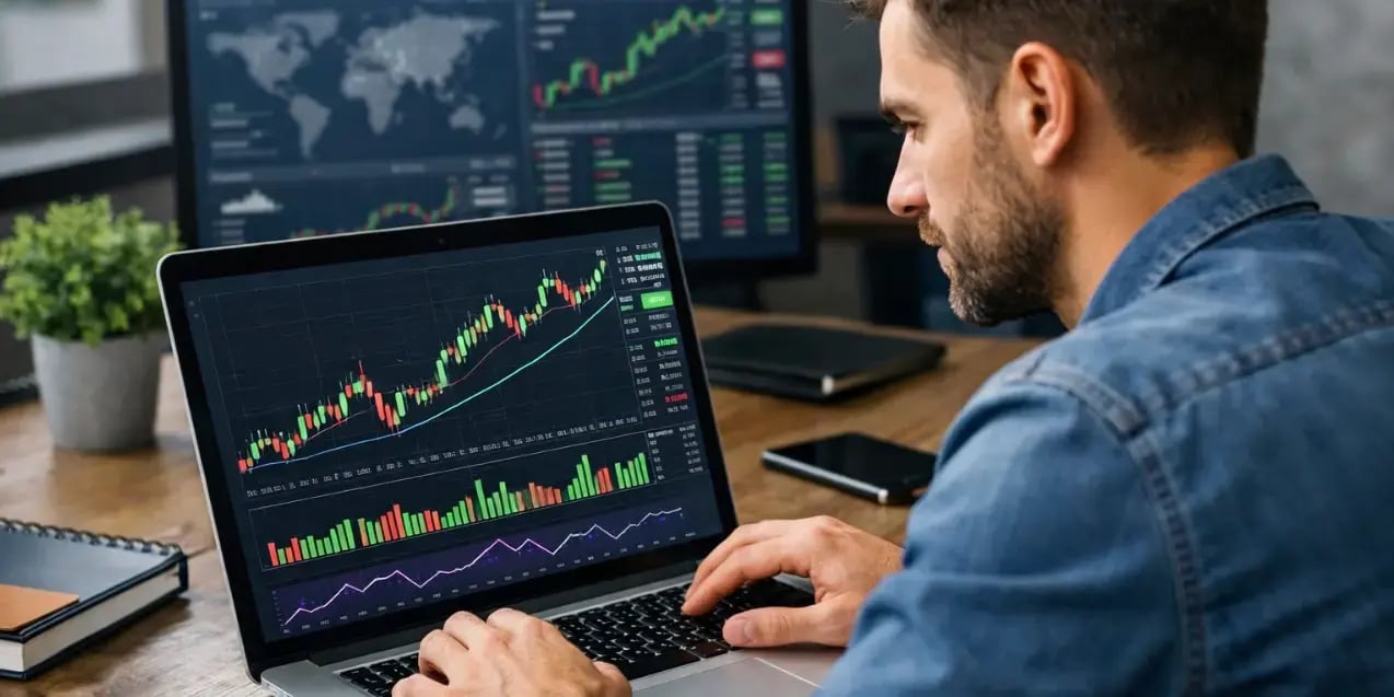 Una persona con grafica de inversiones en una computadora